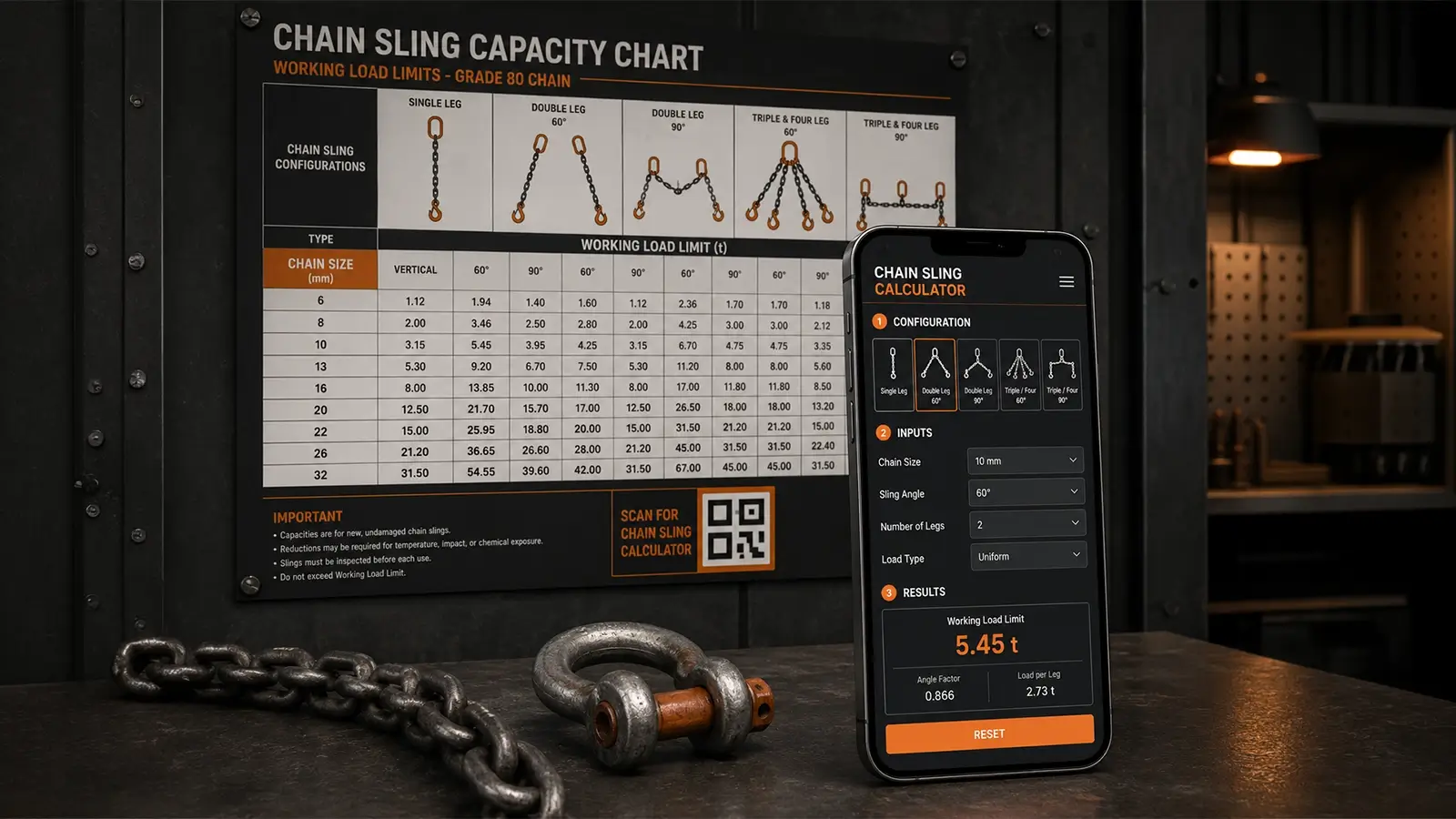 VGD lifting wall chart with QR code connected to a mobile chain sling calculator