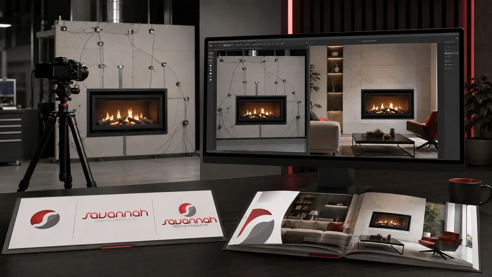 Savannah Heating logo, product catalog and fireplace campaign design